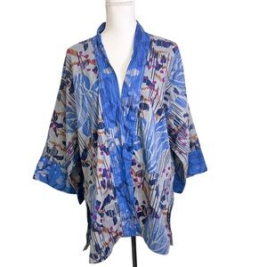 Gudrun Sjoden S/M Blue Floral Asian Kimono Cardigan Duster Lightweight Cotton